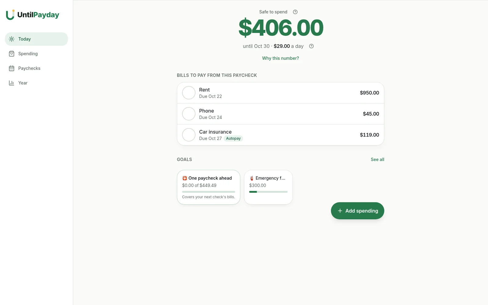 UntilPayday on a laptop: the Today screen with $406.00 safe to spend and this paycheck's bills.