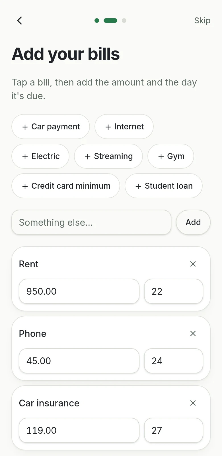 Onboarding, step 2: one-tap bill chips with Rent $950, Phone $45 and Car insurance $119 added.