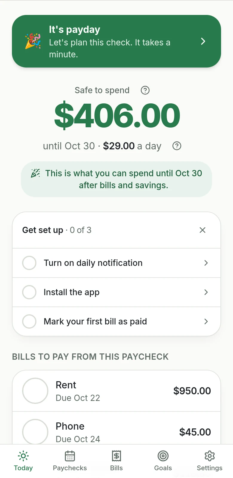 Payday on the Today screen: $406.00 safe to spend until Oct 30, $29.00 a day.
